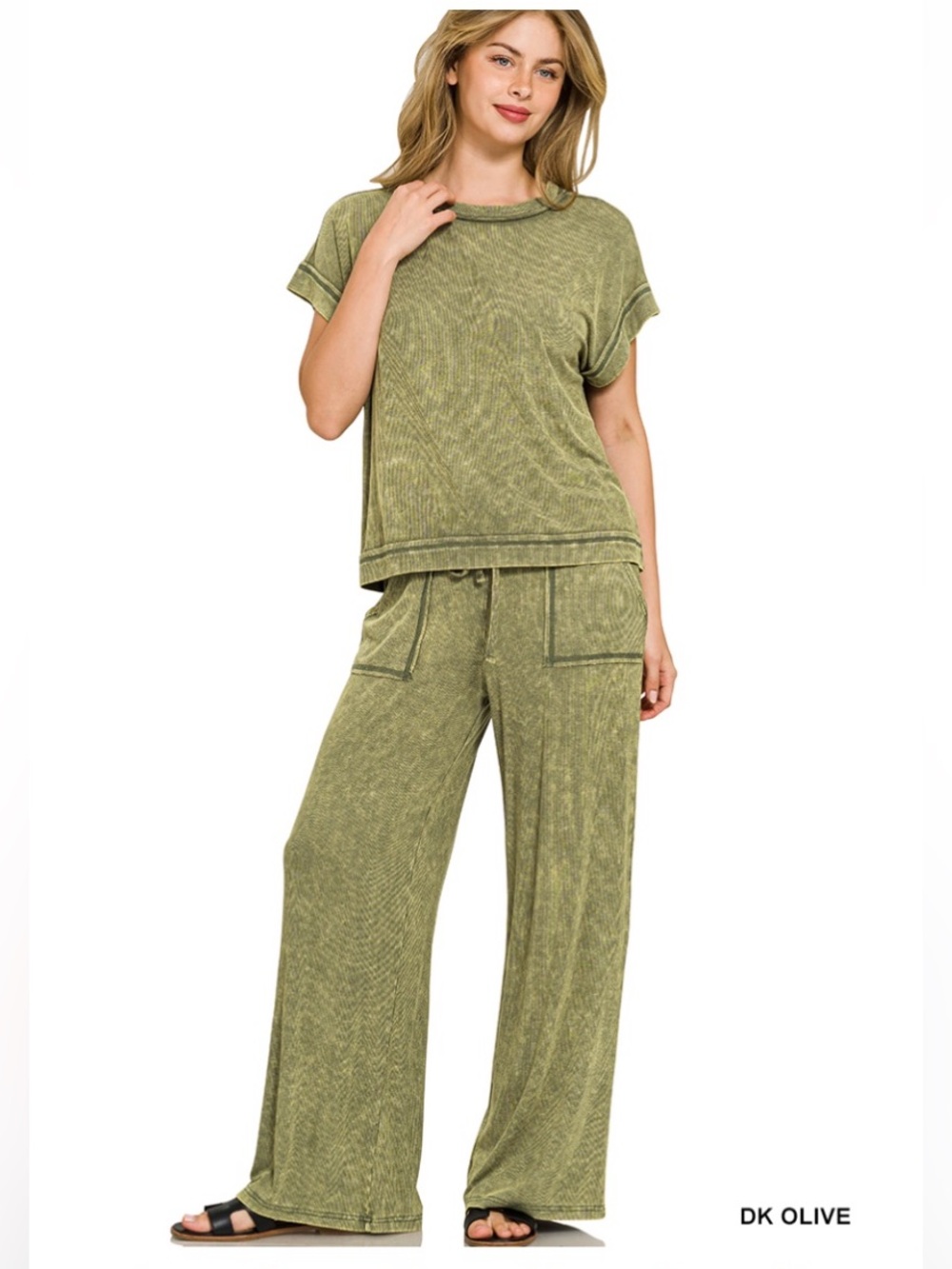 397 ❤️ ZENANA dk olive RIBBED ACID WASH RAYON
TOP & PANTS SET